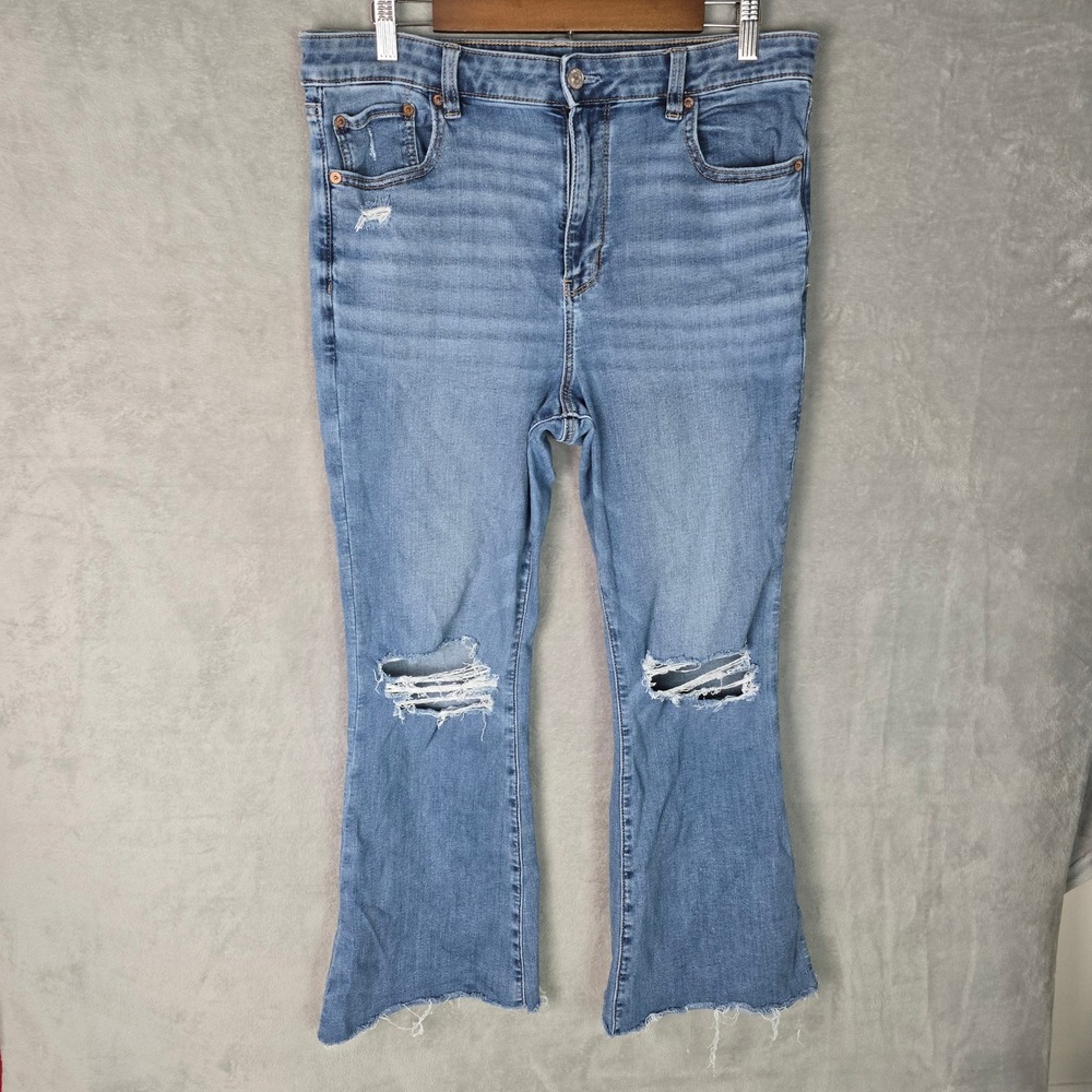 American Eagle Super High Rise Flare Jeans Blue Distressed Raw Hem Womens 14 Reg